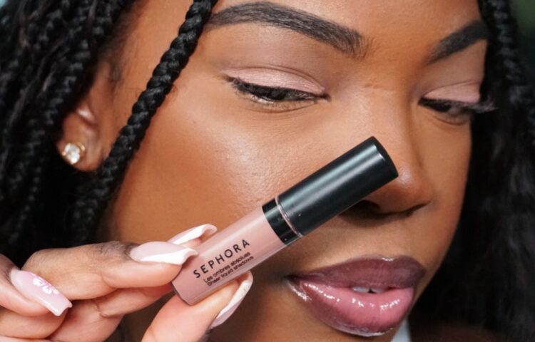 Close-up of soft pink liquid eyeshadow creating a natural eye look